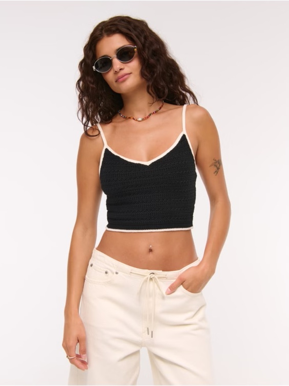 NWT Abercrombie & Fitch Crop Top Women Size Small Black/Ivory Crochet Cami Top